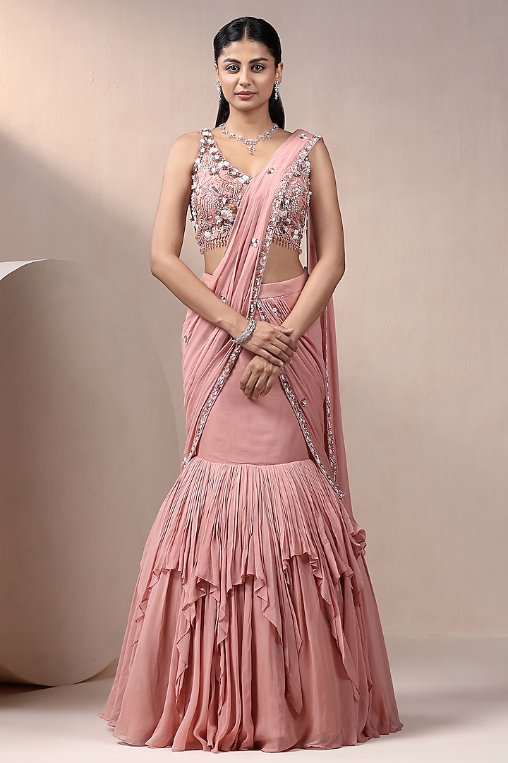 Peach Georgette & Net Embellished Lehenga Saree Set by Chaashni by Maansi and Ketan at Pernia's Pop Up Shop