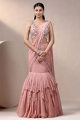 Peach Georgette & Net Embellished Lehenga Saree Set by Chaashni by Maansi and Ketan