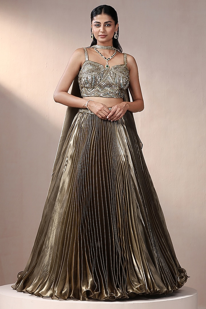 Copper Glass Organza & Net Lehenga Set by Chaashni by Maansi and Ketan at Pernia's Pop Up Shop