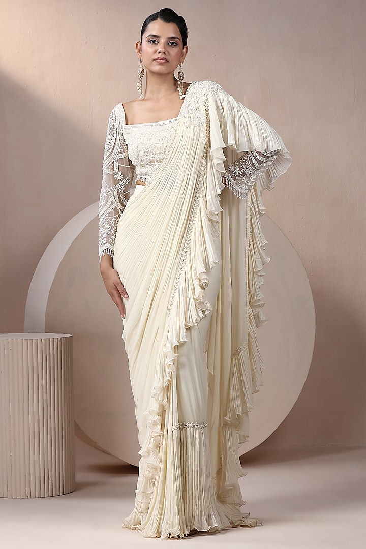 Ivory Georgette & Net Embroidered Pre-Stitched Saree Set by Chaashni by Maansi and Ketan