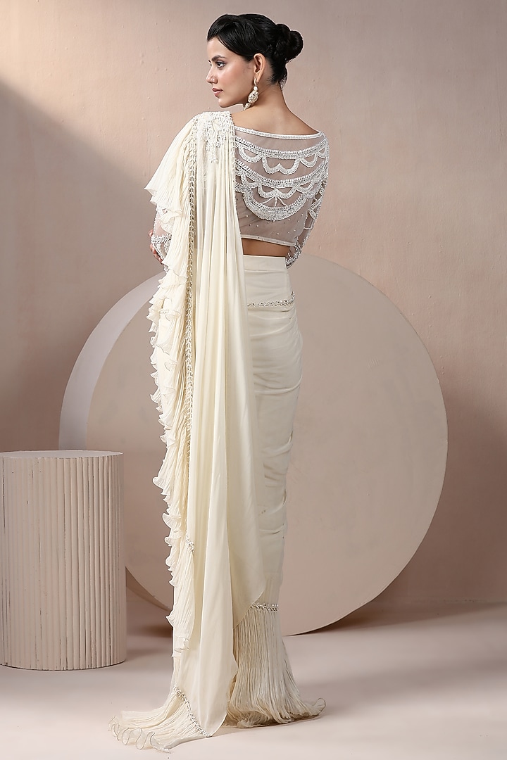 Ivory Georgette & Net Embroidered Pre-Stitched Wedding Saree Set by Chaashni by Maansi and Ketan at Pernia's Pop Up Shop