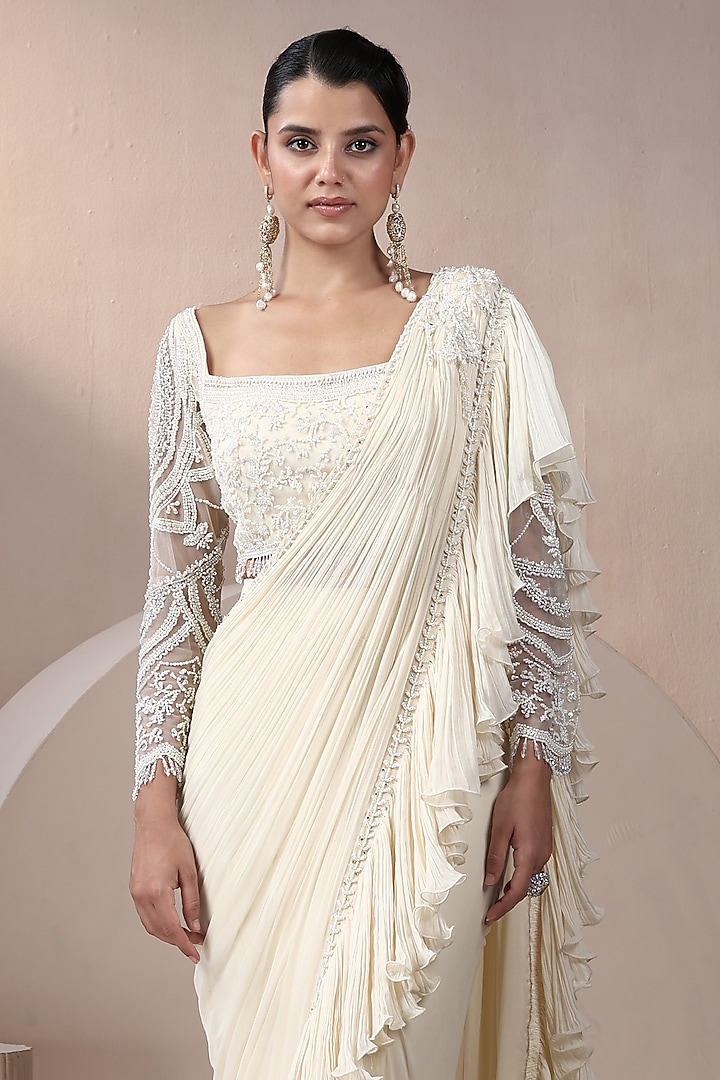 Ivory Georgette & Net Embroidered Pre-Stitched Wedding Saree Set by Chaashni by Maansi and Ketan at Pernia's Pop Up Shop