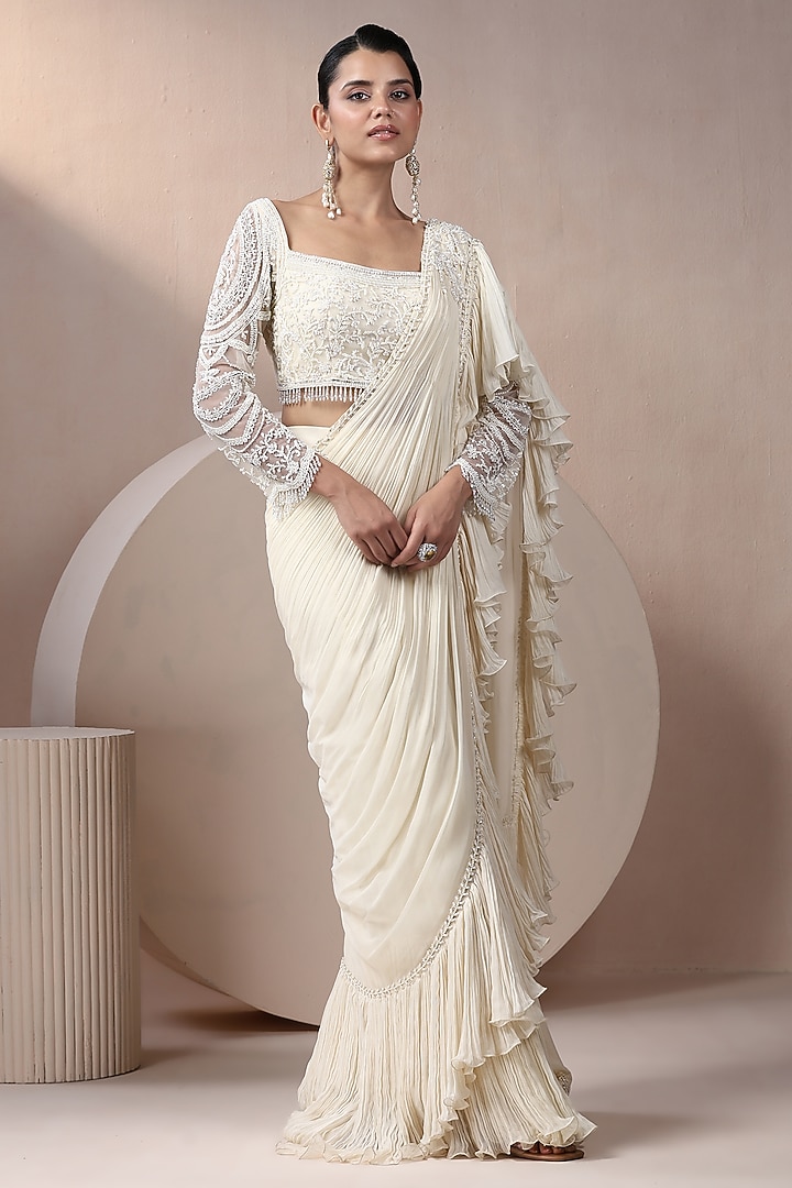 Ivory Georgette & Net Embroidered Pre-Stitched Wedding Saree Set by Chaashni by Maansi and Ketan at Pernia's Pop Up Shop
