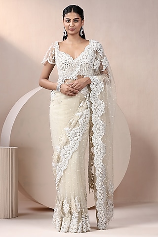 Off-White Net Embroidered Saree Set by Chaashni by Maansi and Ketan