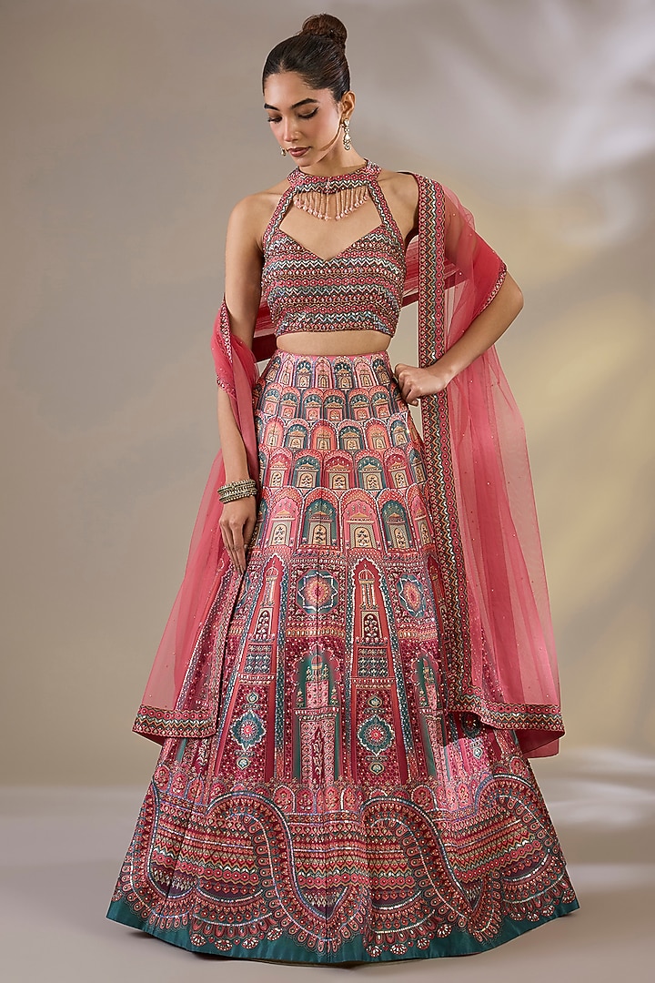 Red Silk Sequins & Mirror Embellished Wedding Lehenga Set by Chaashni by Maansi and Ketan at Pernia's Pop Up Shop