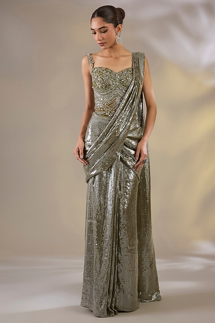 Green Imported Sequins Pre-Stitched Wedding Saree Set by Chaashni by Maansi and Ketan at Pernia's Pop Up Shop