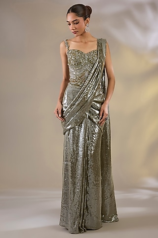 Green Imported Sequins Pre-Stitched Saree Set by Chaashni by Maansi and Ketan