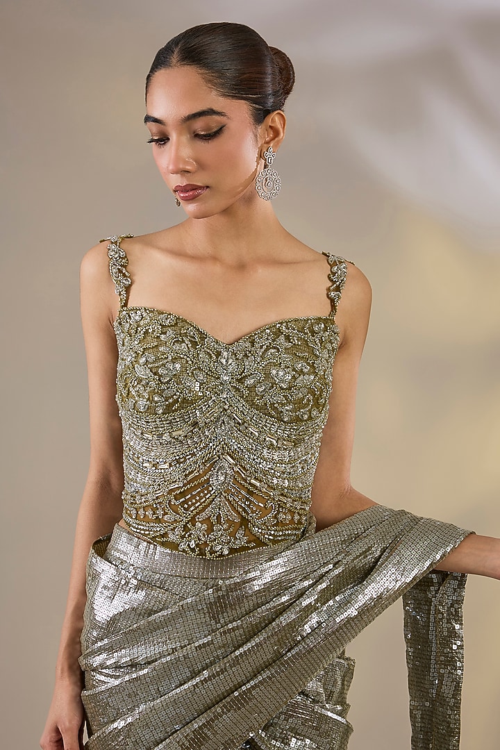 Green Imported Sequins Pre-Stitched Wedding Saree Set by Chaashni by Maansi and Ketan at Pernia's Pop Up Shop