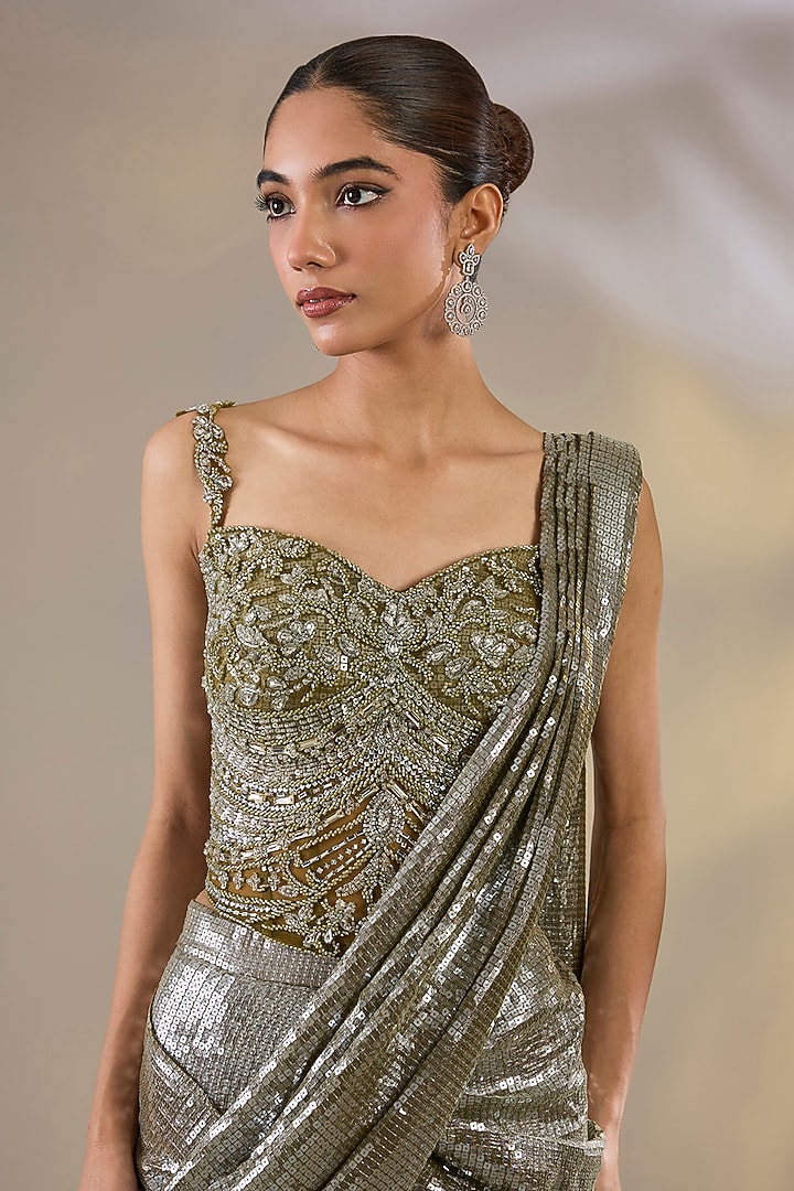 Green Imported Sequins Pre-Stitched Wedding Saree Set by Chaashni by Maansi and Ketan at Pernia's Pop Up Shop
