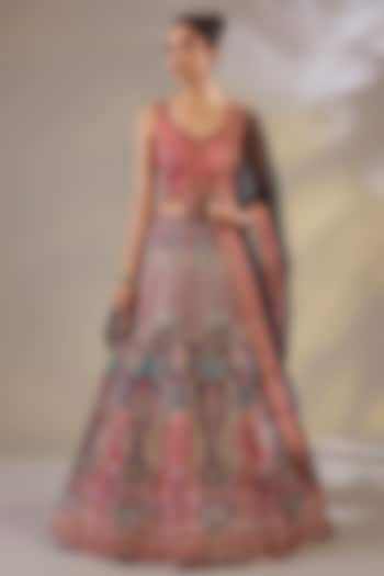 Blue & Red Silk Sequins Embellished Wedding Lehenga Set by Chaashni by Maansi and Ketan at Pernia's Pop Up Shop