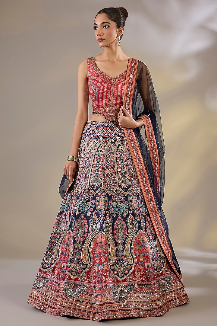 Blue & Red Silk Sequins Embellished Wedding Lehenga Set by Chaashni by Maansi and Ketan at Pernia's Pop Up Shop
