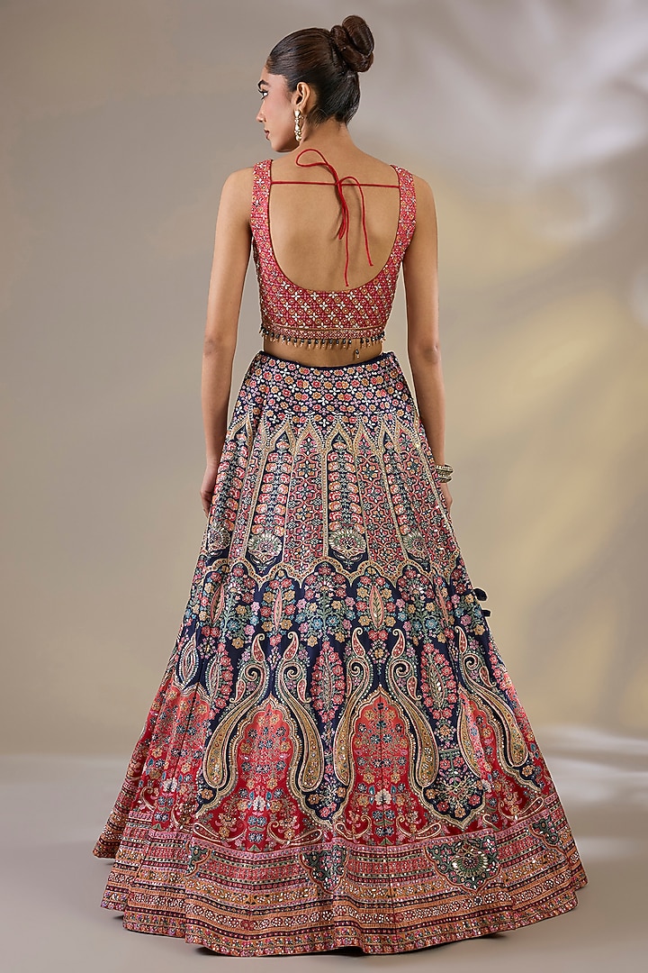 Blue & Red Silk Sequins Embellished Wedding Lehenga Set by Chaashni by Maansi and Ketan at Pernia's Pop Up Shop