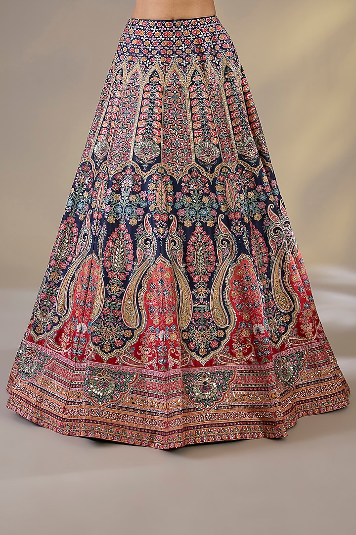 Blue & Red Silk Sequins Embellished Wedding Lehenga Set by Chaashni by Maansi and Ketan at Pernia's Pop Up Shop