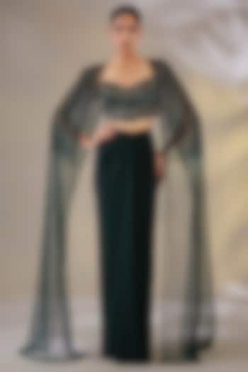 Green Lycra Draped Skirt Set by Chaashni by Maansi and Ketan at Pernia's Pop Up Shop