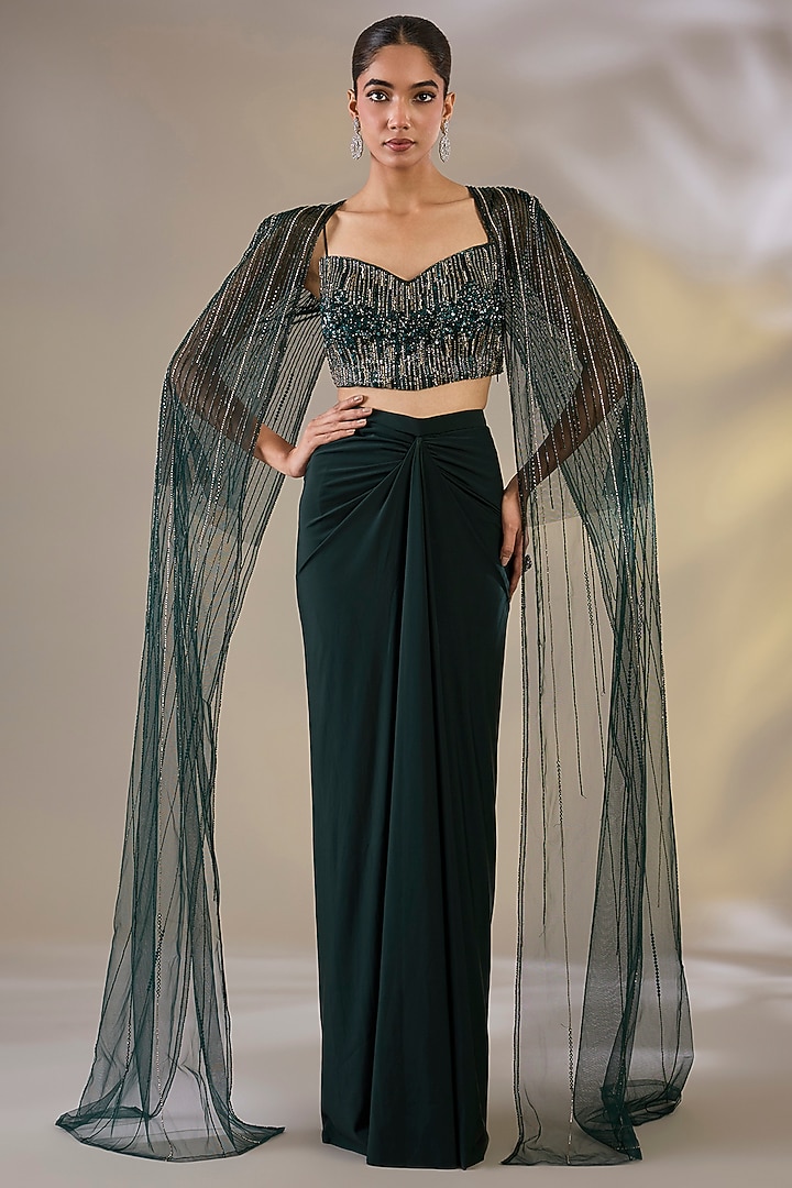 Green Lycra Draped Skirt Set by Chaashni by Maansi and Ketan at Pernia's Pop Up Shop