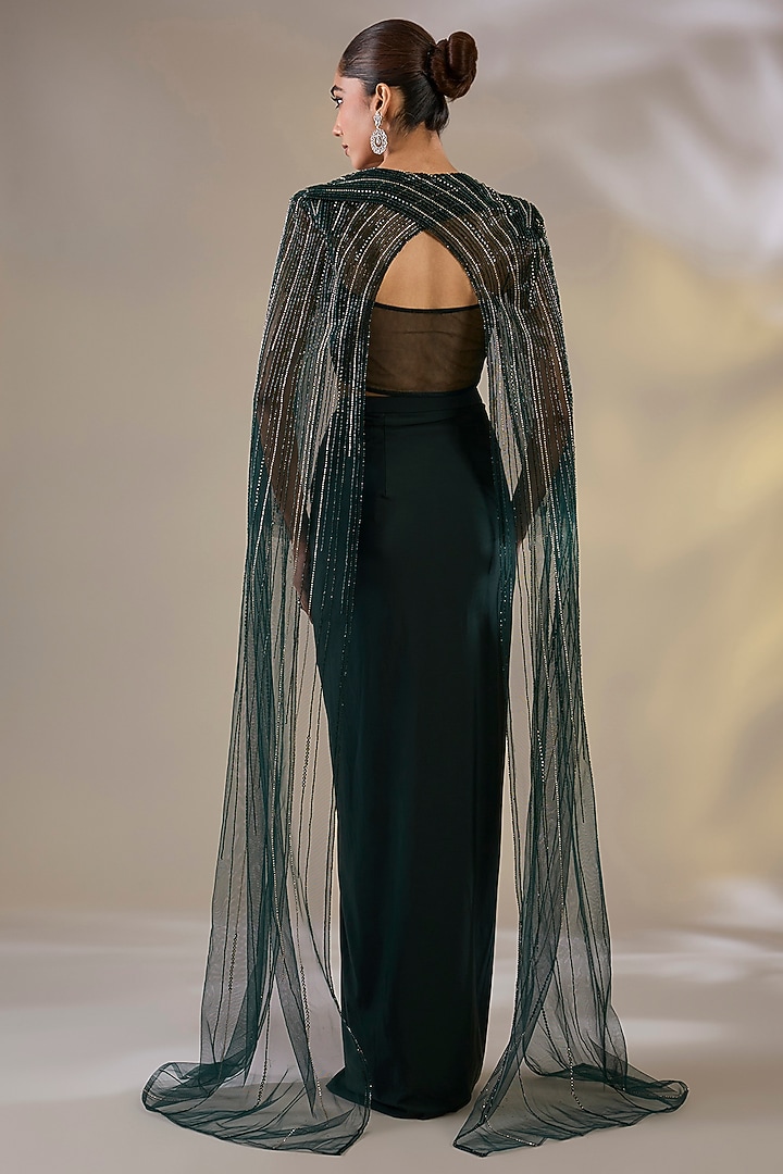 Green Lycra Draped Skirt Set by Chaashni by Maansi and Ketan at Pernia's Pop Up Shop