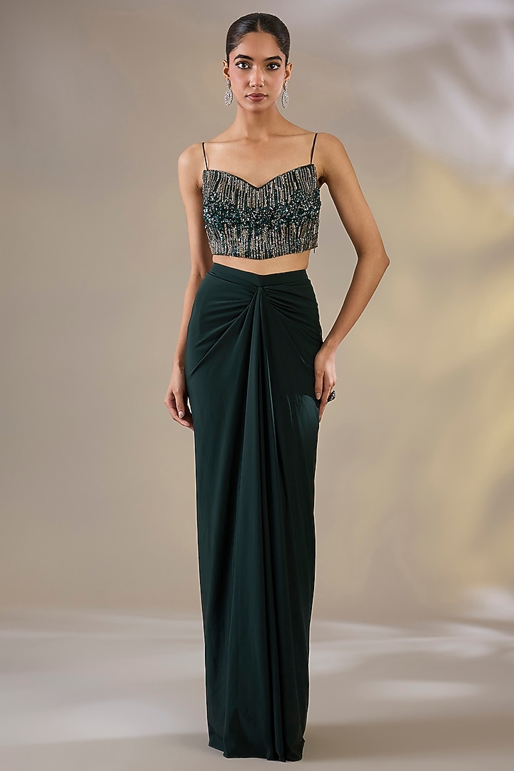 Green Lycra Draped Skirt Set by Chaashni by Maansi and Ketan at Pernia's Pop Up Shop