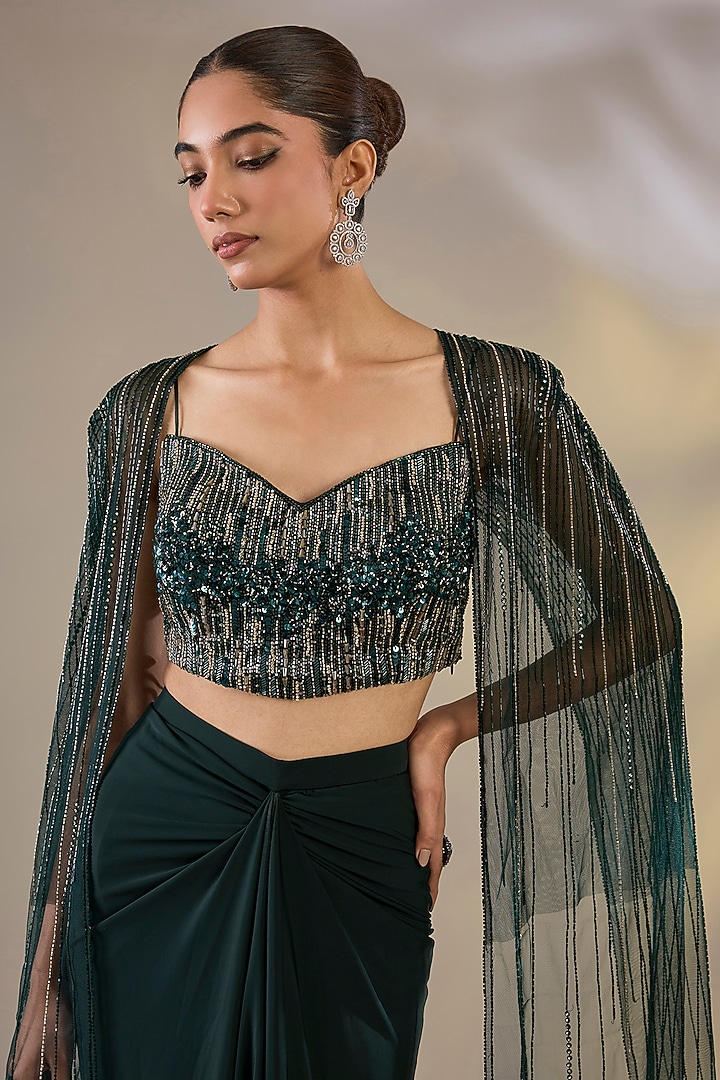Green Lycra Draped Skirt Set by Chaashni by Maansi and Ketan at Pernia's Pop Up Shop