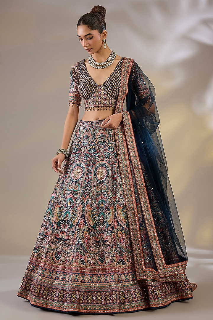 Blue Silk Mirror Embellished Wedding Lehenga Set by Chaashni by Maansi and Ketan at Pernia's Pop Up Shop