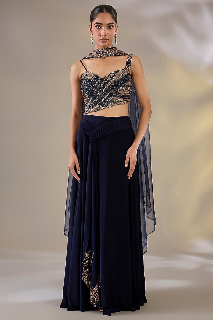Blue Lycra Lehenga Set by Chaashni by Maansi and Ketan at Pernia's Pop Up Shop