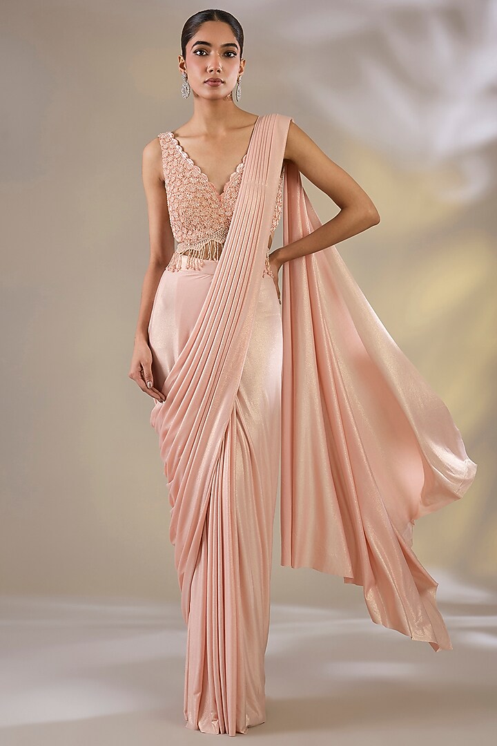 Peach Shimmer Lycra Pre-Stitched Wedding Saree Set by Chaashni by Maansi and Ketan at Pernia's Pop Up Shop