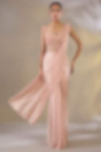 Peach Shimmer Lycra Pre-Stitched Wedding Saree Set by Chaashni by Maansi and Ketan at Pernia's Pop Up Shop