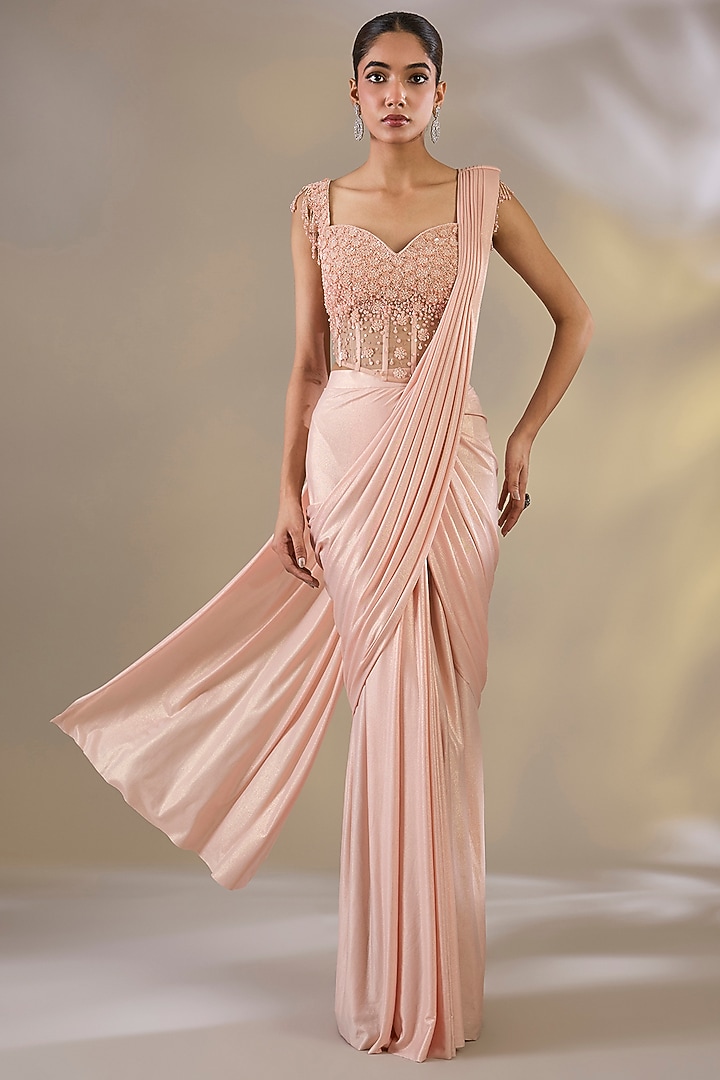 Peach Shimmer Lycra Pre-Stitched Wedding Saree Set by Chaashni by Maansi and Ketan at Pernia's Pop Up Shop