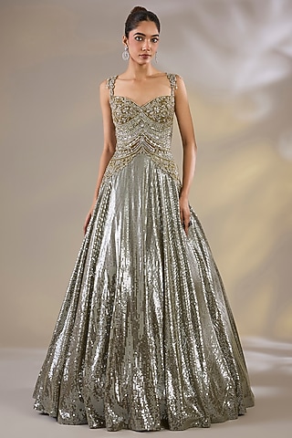 Green Imported Crystal Embellished Gown by Chaashni by Maansi and Ketan
