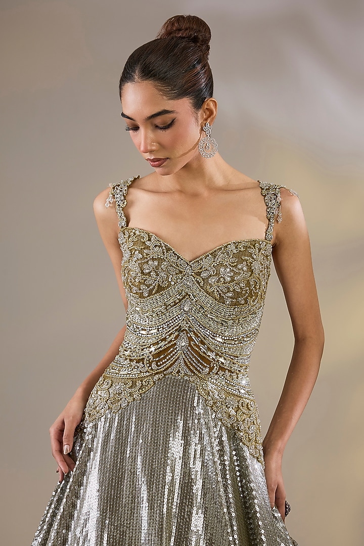 Green Imported Crystal Embellished Engagement Gown by Chaashni by Maansi and Ketan at Pernia's Pop Up Shop