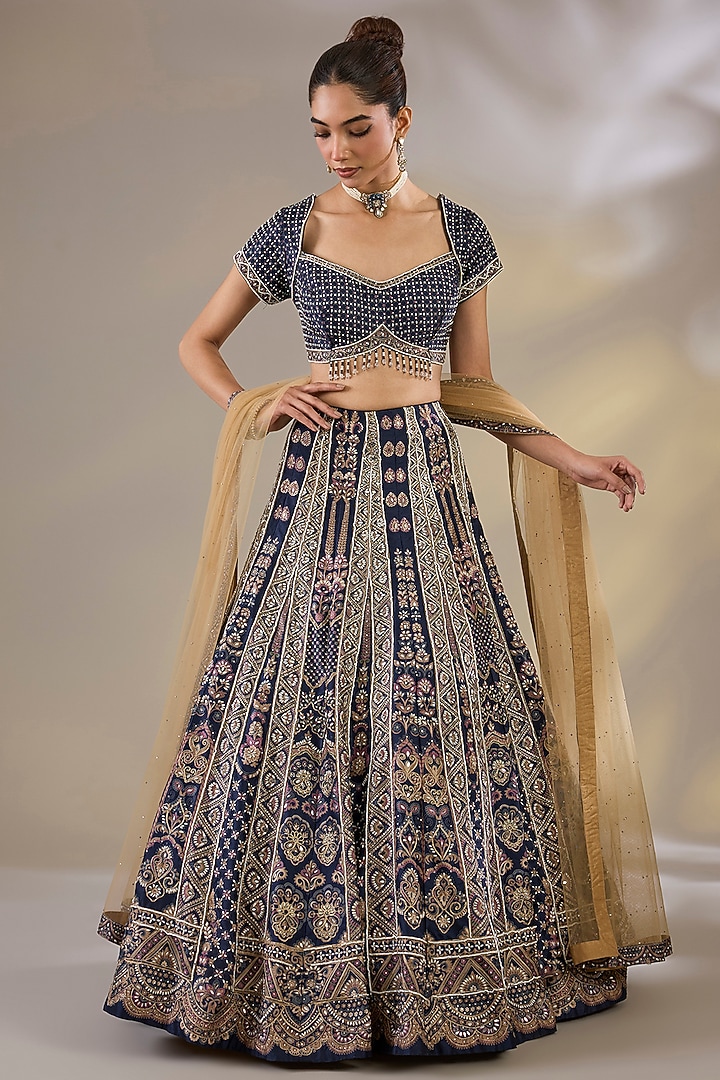 Blue Silk Sequins Embellished Wedding Lehenga Set by Chaashni by Maansi and Ketan at Pernia's Pop Up Shop