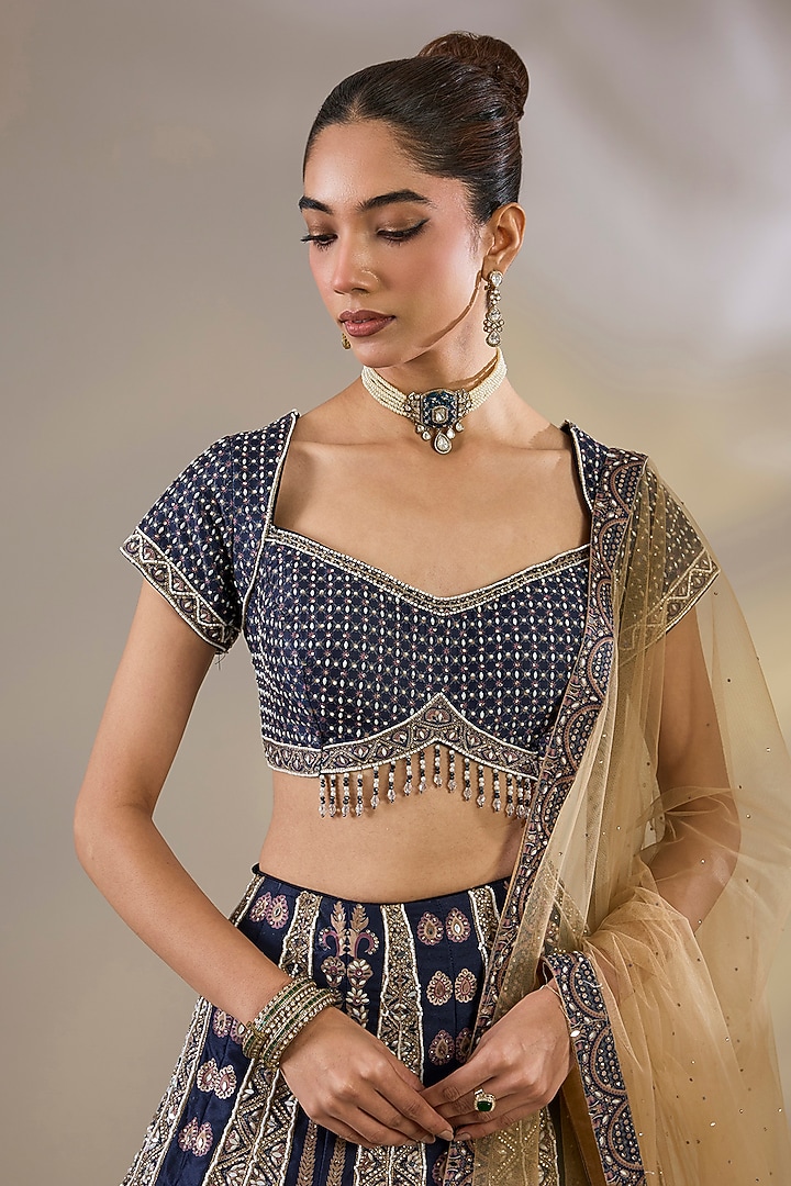 Blue Silk Sequins Embellished Wedding Lehenga Set by Chaashni by Maansi and Ketan at Pernia's Pop Up Shop