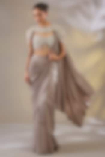 Champagne Lycra Pre-Stitched Wedding Saree Set by Chaashni by Maansi and Ketan at Pernia's Pop Up Shop