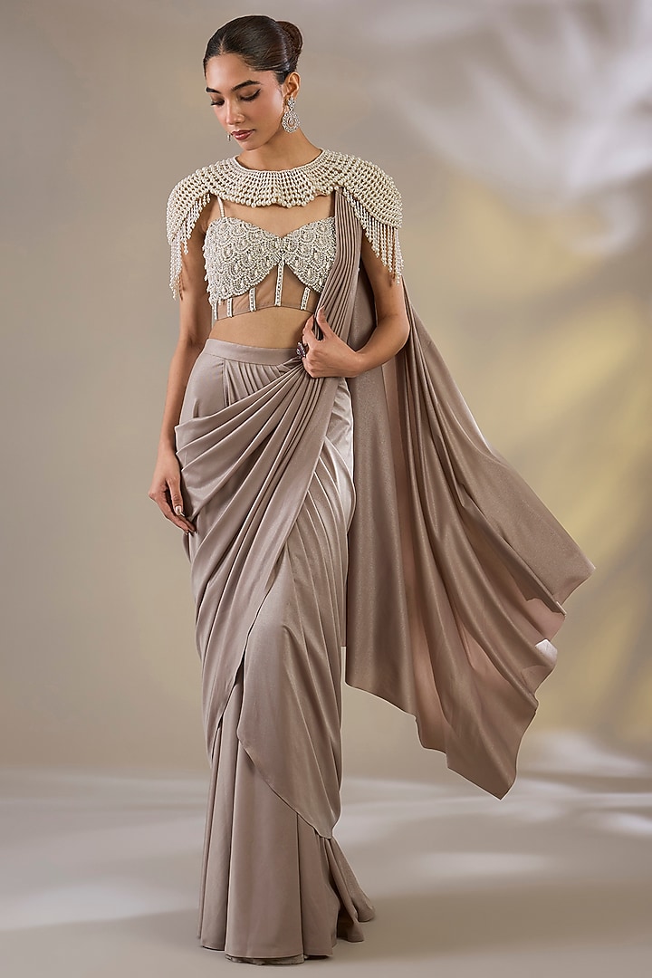 Champagne Lycra Pre-Stitched Wedding Saree Set by Chaashni by Maansi and Ketan at Pernia's Pop Up Shop