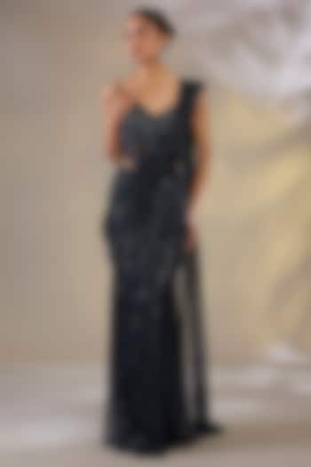 Blue Net Pre-Stitched Wedding Saree Set by Chaashni by Maansi and Ketan at Pernia's Pop Up Shop