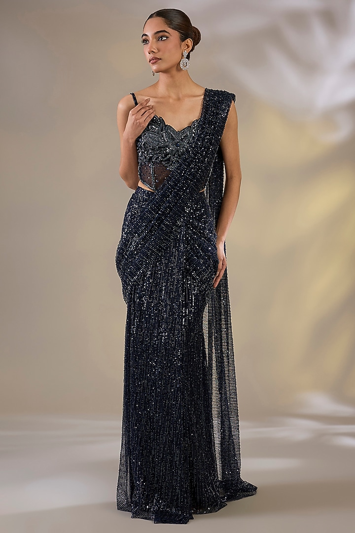 Blue Net Pre-Stitched Wedding Saree Set by Chaashni by Maansi and Ketan at Pernia's Pop Up Shop