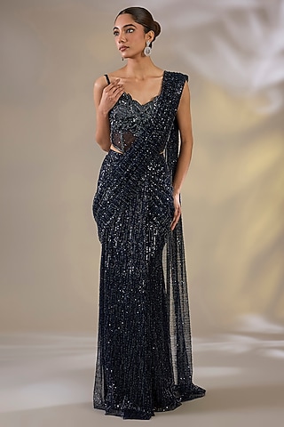 Blue Net Pre-Stitched Saree Set by Chaashni by Maansi and Ketan