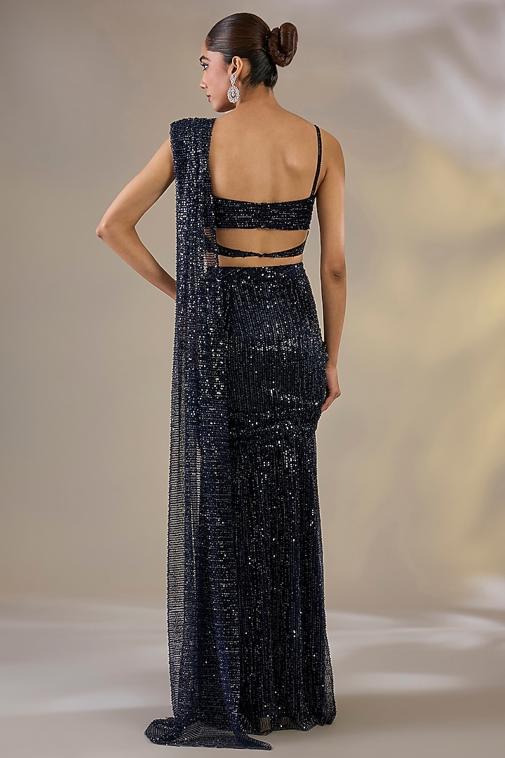Blue Net Pre-Stitched Wedding Saree Set by Chaashni by Maansi and Ketan at Pernia's Pop Up Shop