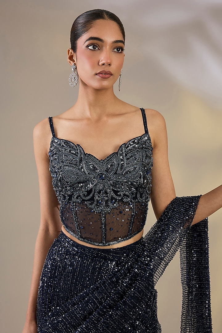 Blue Net Pre-Stitched Wedding Saree Set by Chaashni by Maansi and Ketan at Pernia's Pop Up Shop