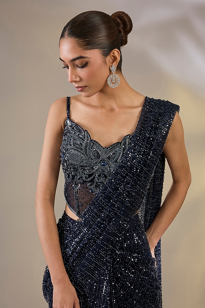 Blue Net Pre-Stitched Wedding Saree Set by Chaashni by Maansi and Ketan at Pernia's Pop Up Shop