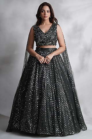 Green Sequins & Net Embroidered Lehenga Set by Chaashni by Maansi and Ketan