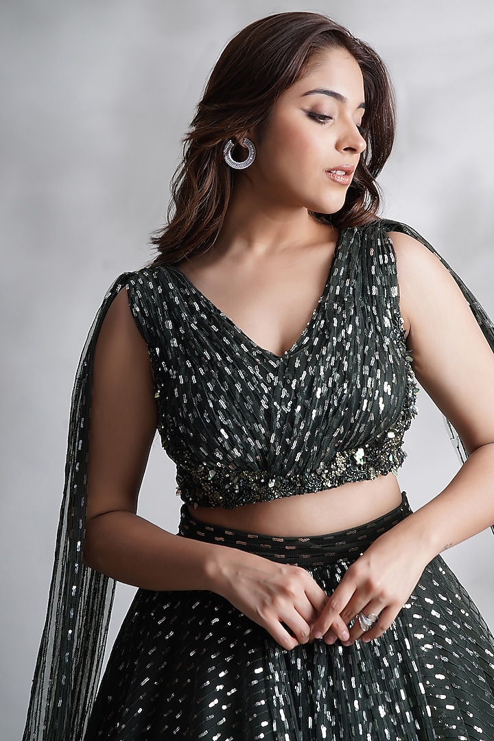 Green Sequins & Net Embroidered Wedding Lehenga Set by Chaashni by Maansi and Ketan at Pernia's Pop Up Shop