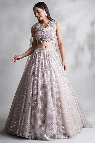 Nude Sequins & Net Embroidered Lehenga Set by Chaashni by Maansi and Ketan