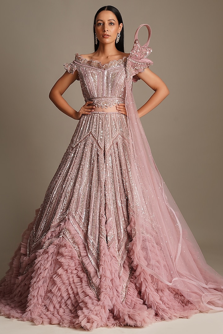 Dusty Pink Net Sequins & Stone Embellished Gown by Chaashni by Maansi and Ketan at Pernia's Pop Up Shop