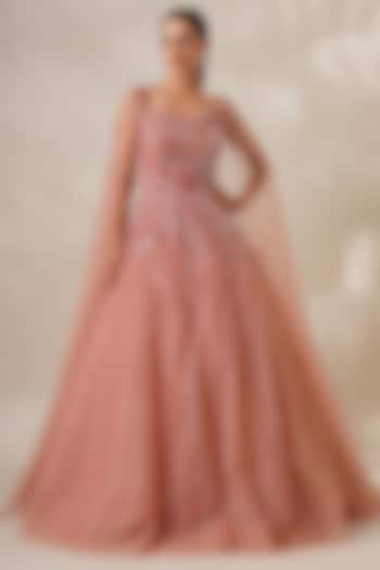 Pink Net Sequins & Stone Embellished Party Wear Gown by Chaashni by Maansi and Ketan at Pernia's Pop Up Shop