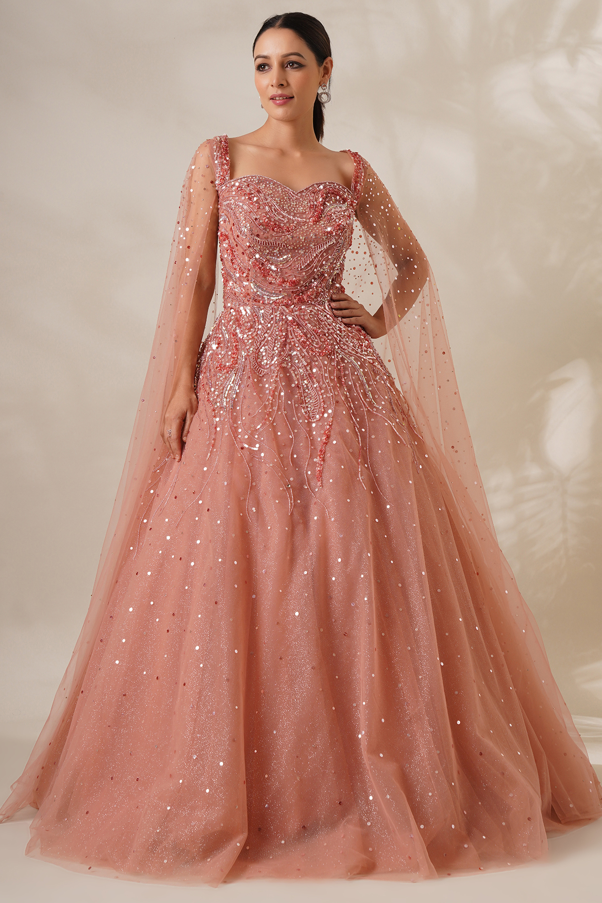 Pink Net Sequins & Stone Embellished Party Wear Gown by Chaashni by Maansi and Ketan at Pernia's Pop Up Shop