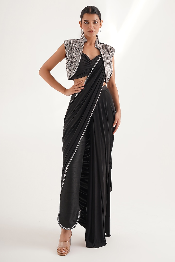 Black Balloon Lycra & Raw Slk Pre-Stitched Saree Set by Chaashni by Maansi and Ketan at Pernia's Pop Up Shop