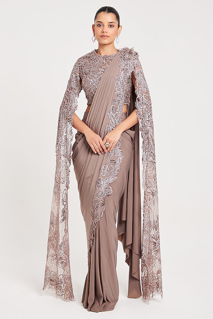 Mouse Grey Balloon Lycra & Net Pre-Stitched Saree Set by Chaashni by Maansi and Ketan at Pernia's Pop Up Shop