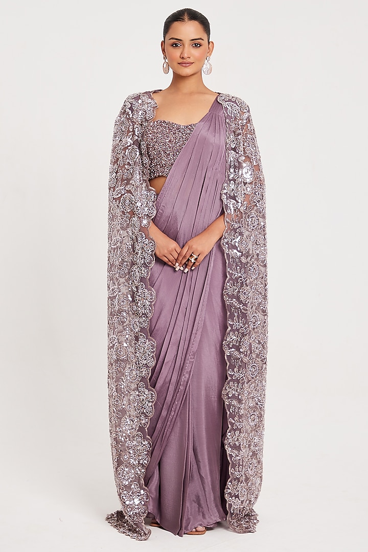 Lavender Chinnon Chiffon & Net Pre-Stitched Saree Set by Chaashni by Maansi and Ketan at Pernia's Pop Up Shop