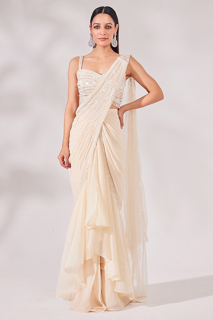 Ivory Net & Satin Organza Pre-Stitched Saree Set by Chaashni by Maansi and Ketan at Pernia's Pop Up Shop