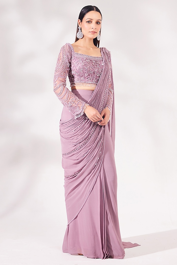 Lavender Net & Georgette Pre-Stitched Saree Set by Chaashni by Maansi and Ketan at Pernia's Pop Up Shop